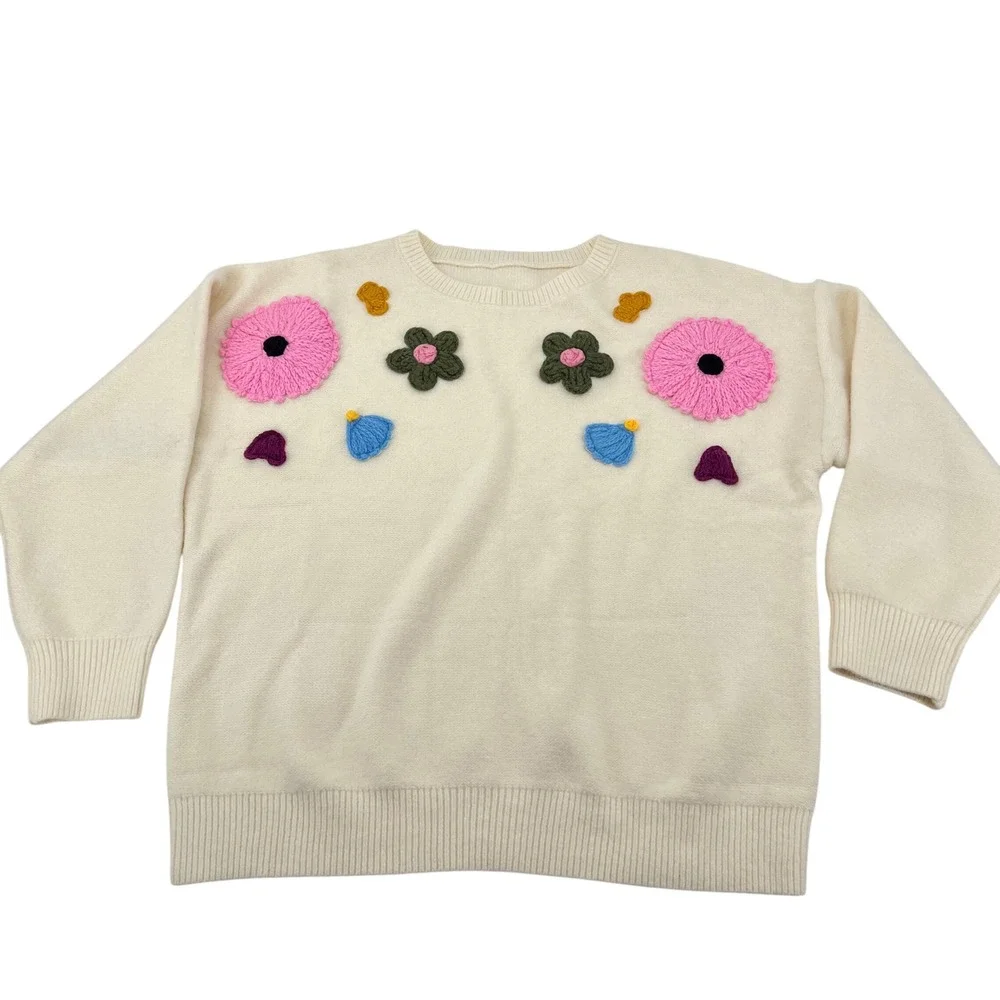 Cream Floral Crochet Applique Knit Sweater Womens 2X Pink Green Flower Pullover